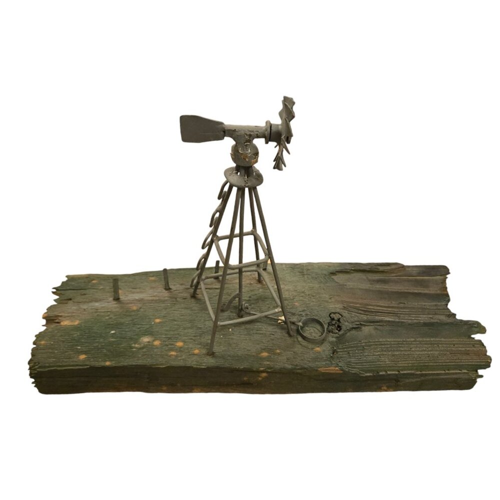 Rustic Metal Windmill Sculpture On Weathered Wood Base Farmcore Art